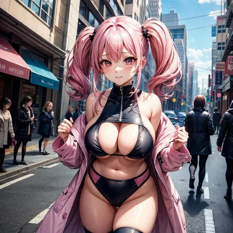 pink hair、twin tails、big breasts、tits、swimsuit、exposed、Slut、Thighhighs、long coat、city、In town、bustling street