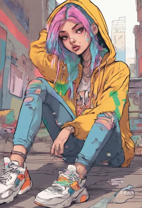 Cool and trendy kiddo girl, rainbow-colored hair, Yellow eyes, Wear trendy hip-hop clothes, Wearing a hoodie, Graphic T-shirt and ripped jeans, Lots of tattoos and piercings, Doodle style background, Highly detailed background, perfect masterpiece, High qu...