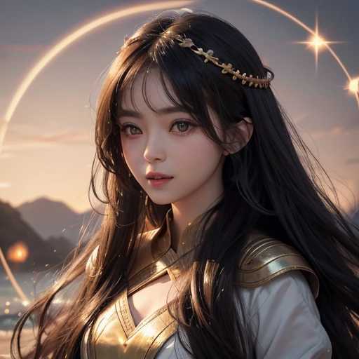 Intricately detailed, 8K ultra-high definition image of an anime character with long, wavy hair adorned with hair bobbles. Her solid circle eyes sparkle with a light smile and a hint of a fang peeks from her closed mouth. Her streaked hair frames her face,...