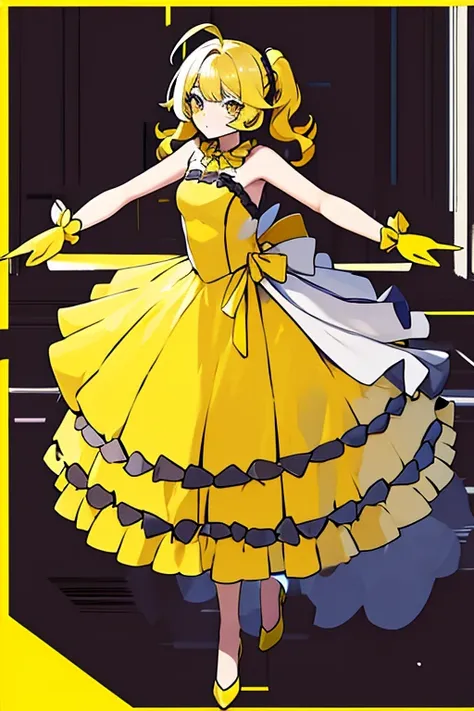 yellow wrist cuff, girl, yellow ball gown, yellow eyes, girly, bare arms, black gloves, yellow hair, wavy hair, yellow chest pie...