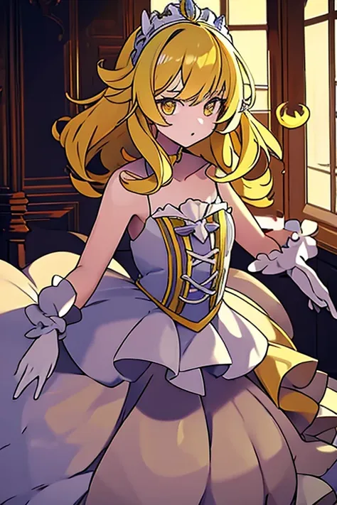 yellow wrist cuff, girl, yellow ball gown, yellow eyes, girly, bare arms, black gloves, yellow hair, wavy hair, yellow chest pie...