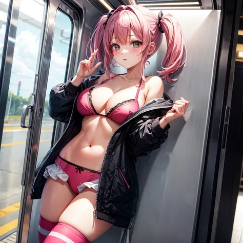 pink hair、twin tails、big breasts、tits、swimsuit、exposed、Slut、Thighhighs、long coat、train、trainの中