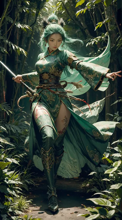 (A Full body Illustration:1.5), high definition|quality|contrast. Magic Fantasy art. a Chinese warrior woman, (wielding a long spear:1.3), traditional dress in shades of green, a fenix tattoo on the right leg, in a battle pose, swirl of leaves around. her ...