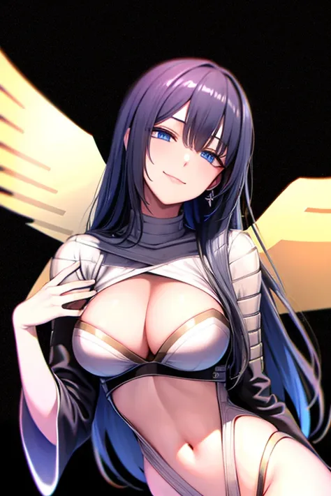 Black hair, blue eyes, large breast, sexy, beautiful body, bed, Masterpiece, angel, white wings, smile