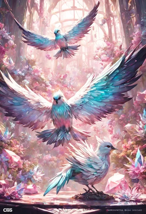 Delicate (pastel color crystal bird: 1.5) crystal glass, glitter, amongst flowers on branch, complex 3d render ultra detailed of a beautiful bird, beautiful studio soft light, rim light, vibrant details, cyberpunk, hyperrealistic, breathtaking fantasycore ...