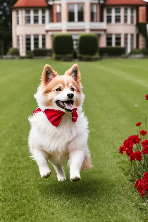  German Spitz dog with red bandana around his neck running fast on flowery grass in a mansion