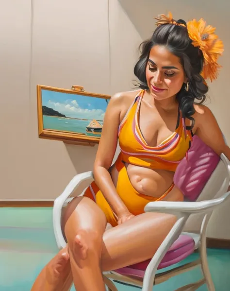 there is a woman sitting in a chair with a dog behind her, in a oil painting style, in style of digital painting, beautiful tan mexican woman, oil digital painting, digital oil painting, cute girl wearing tank suit, oil paint style, fully clothed. painting...