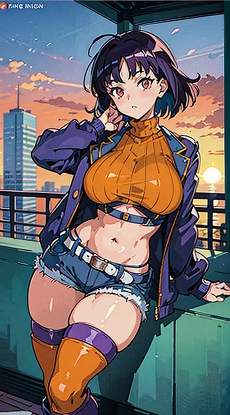 1990s anime, (masterpiece), high-definition, vibrant colors, korean girl, big boobs, big hips, messy dark purple hair, orange eyes, crop top sweater, jacket, shorts, belt, thong, thigh high stockings, boots, fishnet, balcony, leaning on the railing, sunset