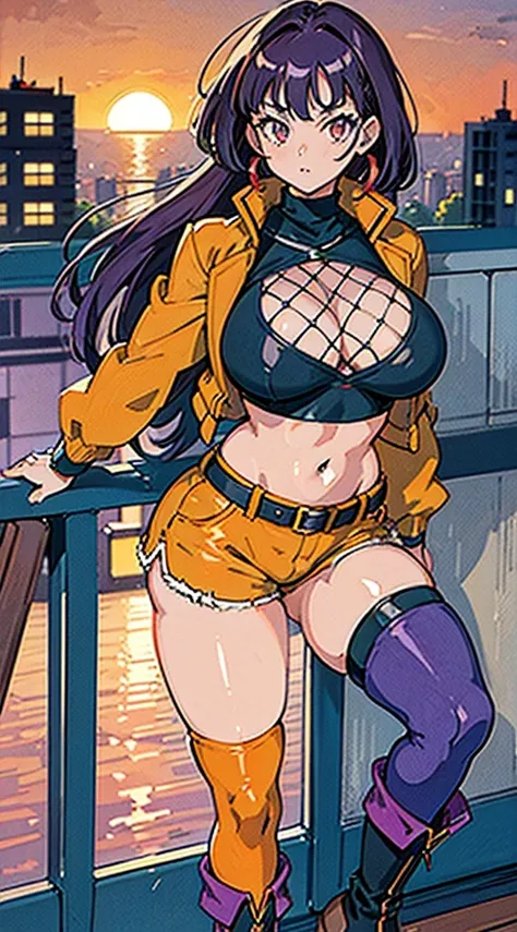 1990s anime, (masterpiece), high-definition, vibrant colors, korean girl, big boobs, big hips, messy dark purple hair, orange eyes, crop top sweater, jacket, shorts, belt, thong, thigh high stockings, boots, fishnet, balcony, leaning on the railing, sunset