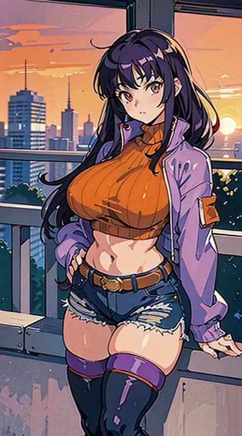 1990s anime, (masterpiece), high-definition, vibrant colors, korean girl, big boobs, big hips, messy dark purple hair, orange eyes, crop top sweater, jacket, shorts, belt, thong, thigh high stockings, boots, fishnet, balcony, leaning on the railing, sunset