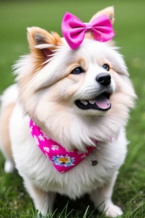  chubby very hairy German Spitz dog with pink bandana around neck and bow on head on a flowering grass