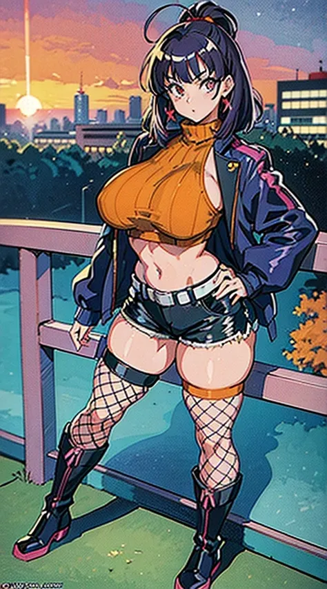 1990s anime, (masterpiece), high-definition, vibrant colors, korean girl, big boobs, big hips, messy dark purple hair, orange eyes, crop top sweater, jacket, shorts, belt, thong, thigh high stockings, boots, fishnet, balcony, leaning on the railing, sunset