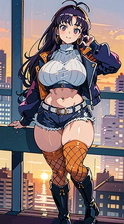 1990s anime, (masterpiece), high-definition, happy face, korean girl, big boobs, big hips, messy dark purple hair, orange eyes, crop top sweater, jacket, shorts, belt, thong, thigh high stockings, boots, fishnet, balcony, leaning on the railing, sunset