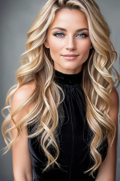 In the captivating image, a European woman of 30 years gracefully poses for a realistic full body focus picture. Her messy wavy hair, boasting blonde highlights, catches the light, adding a luminous glow to its disheveled yet alluring texture. Her beautifu...