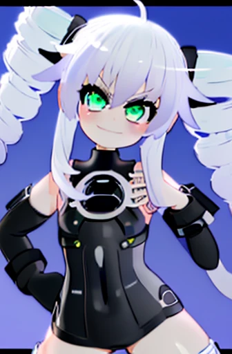 (Best quality, High resolution, Masterpiece, extremely detailed:1.3), 3d, 1girl, light smile, (flat chest: 1.1), (hands on own chest: 1.4), (smug:1.3), looking at viewer, white hair, green eyes, (blush), (blacksister:1.3)