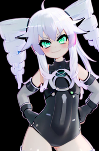 (Best quality, High resolution, Masterpiece, extremely detailed:1.3), 3d, 1girl, light smile, (flat chest: 1.1), (hands on own chest: 1.4), (smug:1.3), looking at viewer, white hair, green eyes, (blush), (blacksister:1.3)