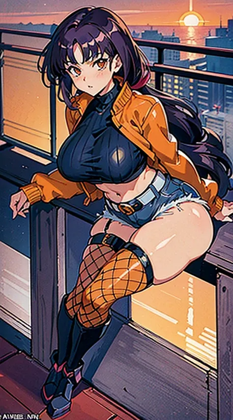 1990s anime, (masterpiece), high-definition, orgasm face, korean girl, big boobs, big hips, messy dark purple hair, orange eyes, crop top sweater, jacket, shorts, belt, thong, thigh high stockings, boots, fishnet, balcony, leaning on the railing, sunset