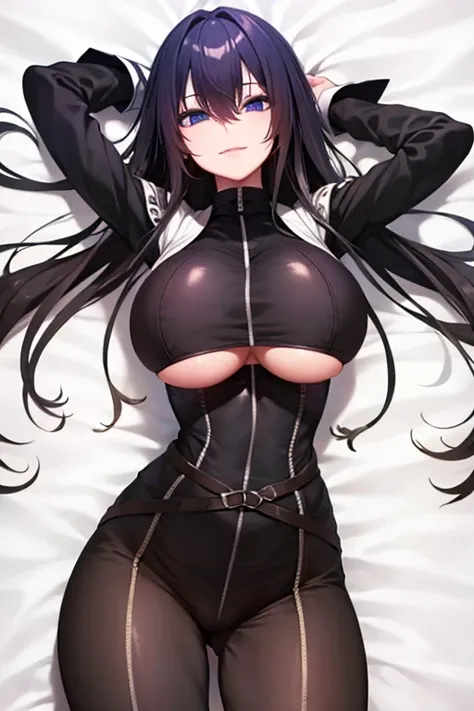 Black hair, blue eyes, large breast, sexy, beautiful body, bed, Masterpiece, angel, white wings, smile