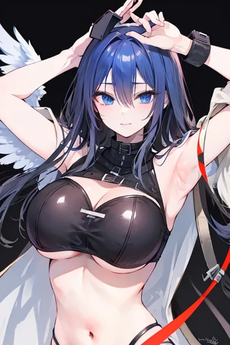 Black hair, blue eyes, large breast, sexy, beautiful body, bed, Masterpiece, angel, white wings, smile