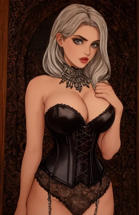 Mulher branca com cabelo preto, corset vermelho, perto de uma foqueria, castelo, Peitos grandes, decote, gotica