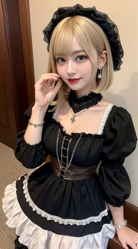 high resolution、High definition、Super detailed、Details are clearly visible、blonde、short bob、Large double eyelids、big tear bag、false eyelashes、earrings、gothic lolita clothes、gothic loli fashion、Outstanding style、body whole、body wholeを写して、boots、knee high soc...