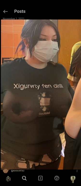 there is a woman wearing a face mask and a shirt, looks like domhnall gleeson, xqc, with the face of emma watson, wearing a t-shirt, very grainy, unknown artist, tommy 1 6 years old, Big tits, huge tits, no clothes, sexy, cute, wide hips, thick thighs, pea...