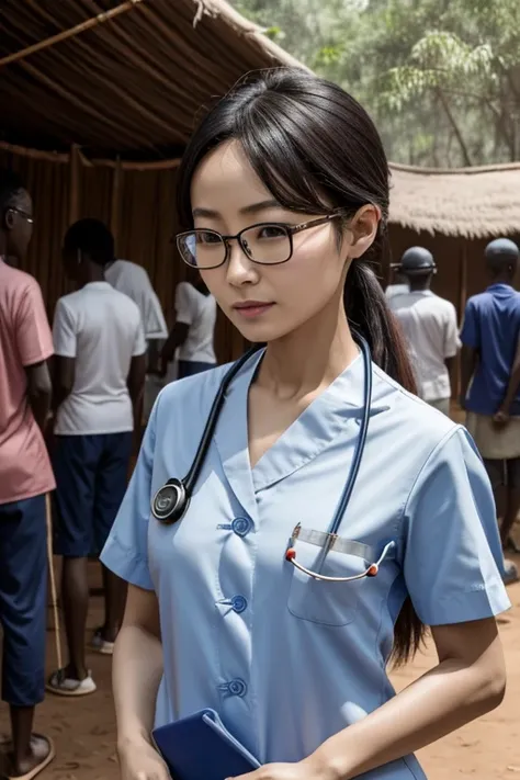 chinese doctor, 30yo, skinny, small breast, glasses, beautiful, wearing stethoscope, in the native african camp, with african native people, crowd, 4k, 8k, highres, best quality, realistic