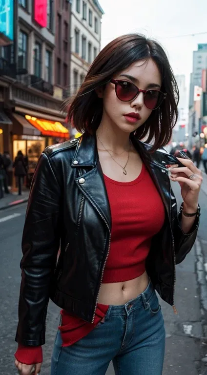 A woman in a leather jacket with red sunglasses and a city behind her, in the style of neon realism, charming characters, action paintings, gadgetpunk, solapunk, colorful street scenes, crimson and amber