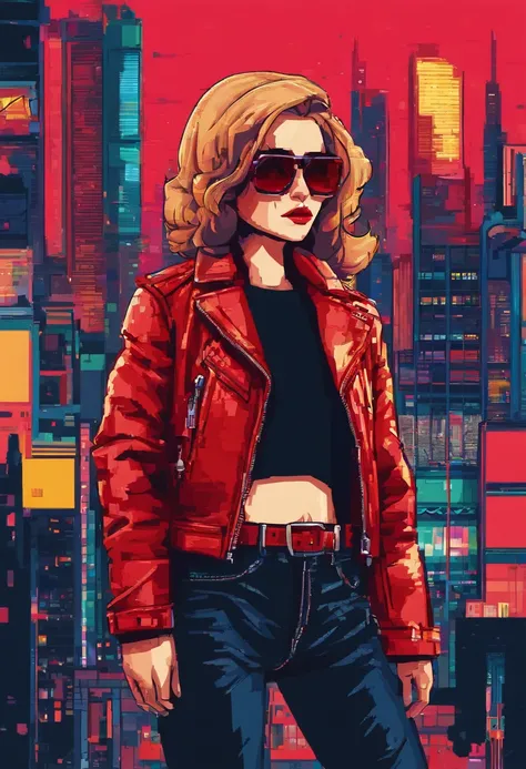 A woman in a leather jacket with red sunglasses and a city behind her, in the style of neon realism, charming characters, action paintings, gadgetpunk, solapunk, colorful street scenes, crimson and amber