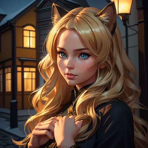 (full-length ), (Masterpiece, photorealistic, photorealism, best quality, ultra-detailed:1.3), (nice hands, perfect hands), official art, cinematic light,   super cute 26 year old russian woman, cat ears, Long blonde wavy hair, in a dark theme, Russian tow...