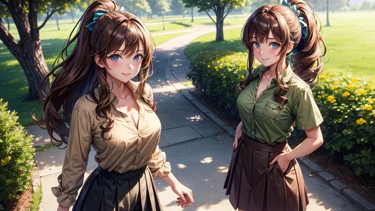 1girl, full body, solo, flowers, trees, brown hair, curly hair, long hair, ponytail, large breasts, button down shirt, ((brown green shirt)), ((unbuttoned shirt)), ((short sleeved shirt)), blue eyes, skirt, smile, looking at the viewer, ((standing)), hair ...