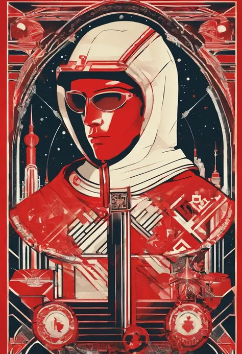 A young guy with mask and hoodie turned his back to us，looking at the stars，hard core，Technologie，Red monochrome,USSR Poster,urss,communism