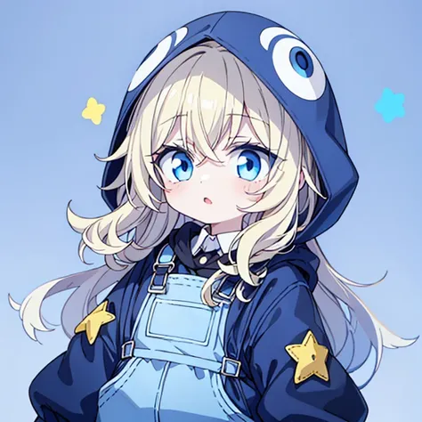 A girl with pale white skin and long light blonde curly hair and black eyes wearing a blue penguin hood and light blue overalls with a striped blue and white shirt underneath and cute light yellow stars surrounding her