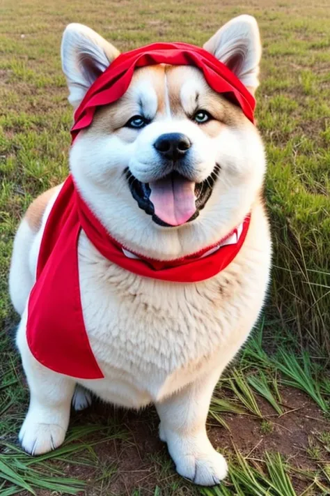  chubby very furry Akita dog with red bandana around neck on a flowering grass