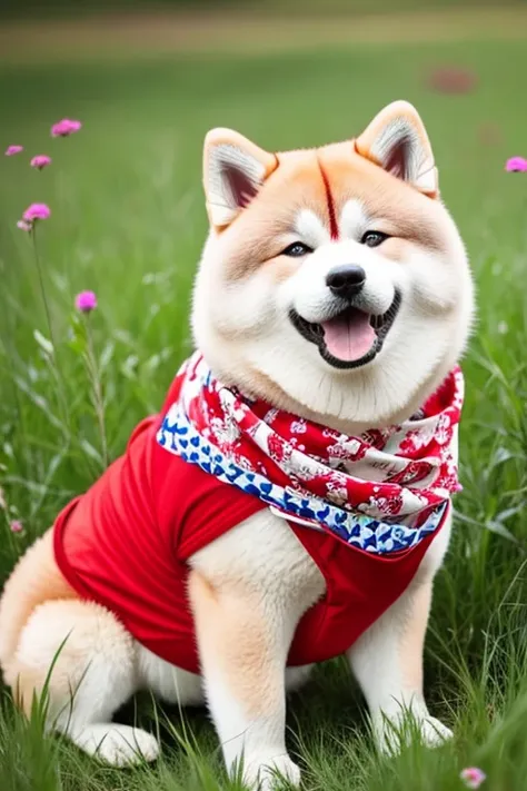  chubby very furry Akita dog with red bandana around neck on a flowering grass