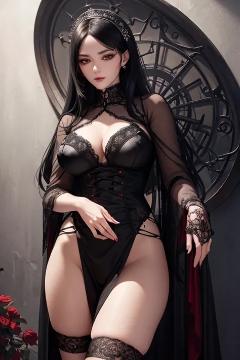 (best quality,4k,8k,highres,masterpiece:1.2),ultra-detailed,(realistic,photorealistic,photo-realistic:1.37),oriental gothic girl in sexy nurse lingerie,beautiful detailed eyes,beautiful detailed lips,extremely detailed eyes and face,long eyelashes,seductiv...