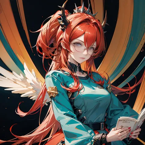 Mature anime girl (28 years old), red hair, high ponytail, one white streak of hair in the front, crystal hair band , ((glasses)), librarian dress, shoulder pads that look like wings, color palette red gold and teal, books