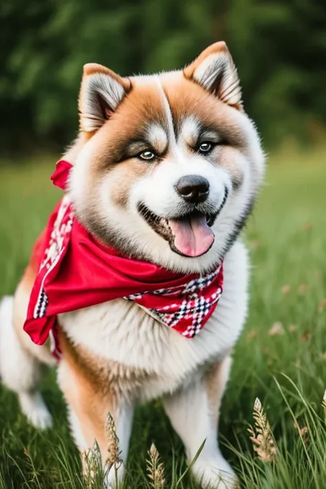  very hairy Akita dog with red bandana around his neck on a flowering grass
