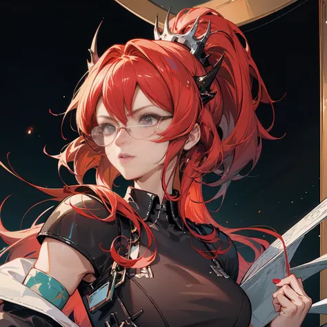 Anime girl, red hair, high ponytail, one white streak of hair in the front, crystal hair band , ((glasses)), librarian dress, shoulder pads that look like wings, color palette red gold and teal, books