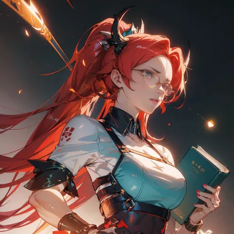 Anime girl, red hair, high ponytail, one white streak of hair in the front, crystal hair band , ((glasses)), librarian dress, shoulder pads that look like wings, color palette red gold and teal, books