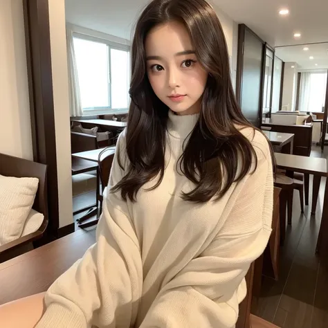 face like kim tae hee、looking at the viewer、spoiled look、hotel sweet room、16 year old girl、Wearing clothes that are oversized at the top and bottom、Coffee is available.