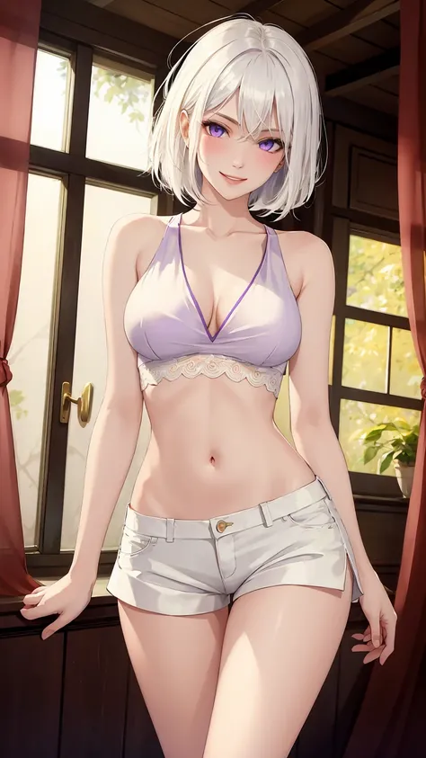 ((((masterpiece, best quality, high resolution)))), (1girl:1.5), ((short silky hair, white hair, purple eyes, sharp eyes)), (big breasts:1.2), blush, (cheeky smile, parted lips), glow, thighs, bare shoulders, collarbone, narrow waist, (slender body figure)...