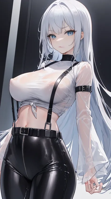 Wearing a silver ring on her white finger，Her slender figure was wrapped in a pair of tight black leather pants.，A white shirt on the upper body，Tucked into leather pants。
Two black suspenders are tightly attached to the white shirt on both sides of the ch...