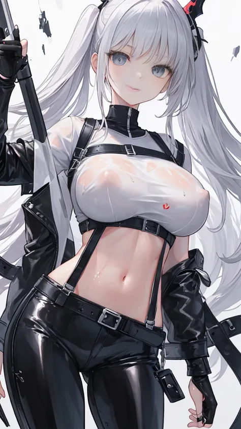 Wearing a silver ring on her white finger，Her slender figure was wrapped in a pair of tight black leather pants.，A white shirt on the upper body，Tucked into leather pants。
Two black suspenders are tightly attached to the white shirt on both sides of the ch...