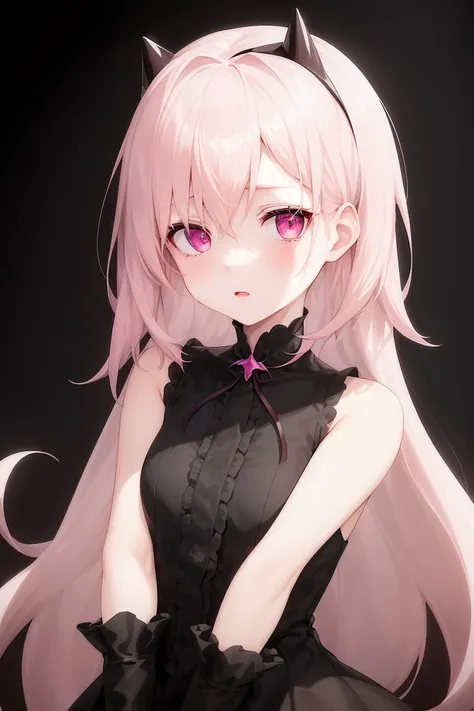 1girl, She wears a black dress with a white collar, she has short hot pink hair, pink eyes, and pale skin, and she has tiny white horns on her head.