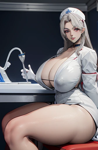 ,nurse uniform,hospital, latex nurse suit,nurses,busty,elbow gloves,labcoat,silverhair woman,red eyes , gigantic boobs ,medical instruments,asian nurse,two nurses,speculum,examination room,oversize boobs, ,big ass ,strap on, lay on table ,legs spreaded,giv...