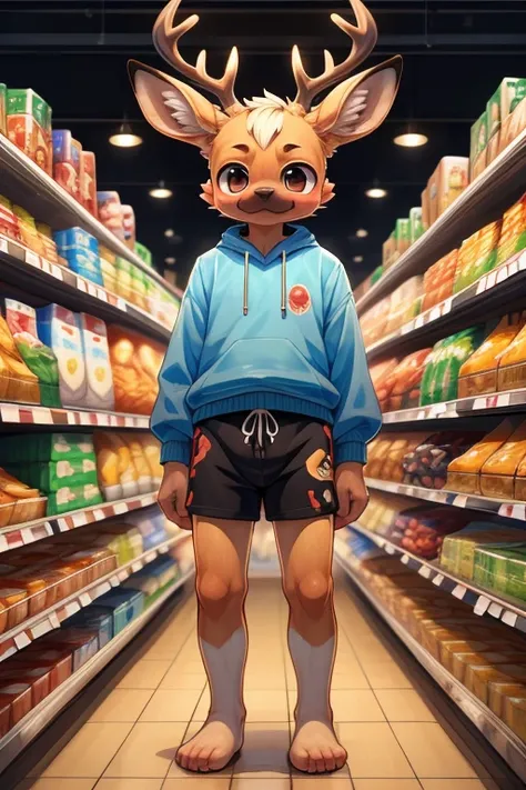 hi-res, good graphics, great anatomy, anatomically correct, detailed body, digital art, fox deer hybrid, character design, body type: twink/underweight, wearing: boxers, background: supermarket, (artists: syuro, yupa, puggy)