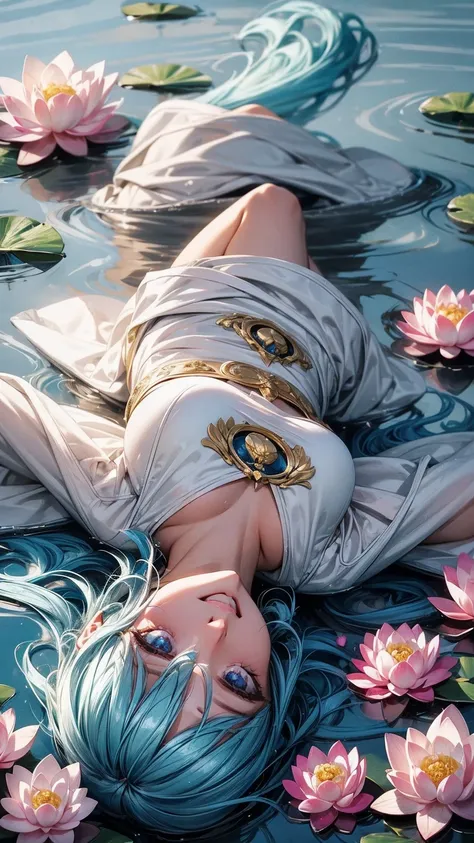 A girl floting on lotus lake, lake is full of lotus, colourfull lotus, water shining, girl wearing white dress, holding lotus, she have blue hair, blue eyes, shiny eyes, double eyelashes, eyeshadow, pink lipstick, nose, collar bone, medium size breast, hig...