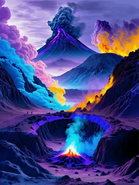 (color purpura，azul oscuro，color dorado,esquema de colores:1.4)(Mejor calidad,4k,8k,A high resolution,obra maestra:1.2),Radiation and volcanic eruptions, ((Humo de forma similar a las rosas))in the crater， Creando un ambiente surrealista. Disfruta de la lu...