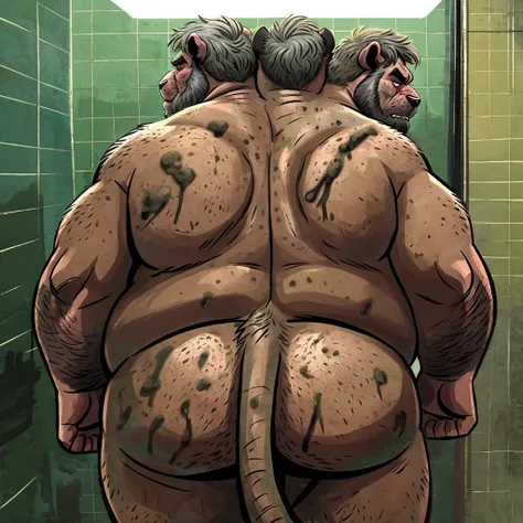 solo, three headed panther, masculine, angry, brow furrowed, tired, frown, by dramamine, (identical:1.9), obese, old, bathroom background, shirtless, nude, beard, dirty, disgusting, green theme, (tail:1.2), gray hair, (back view:1.3)